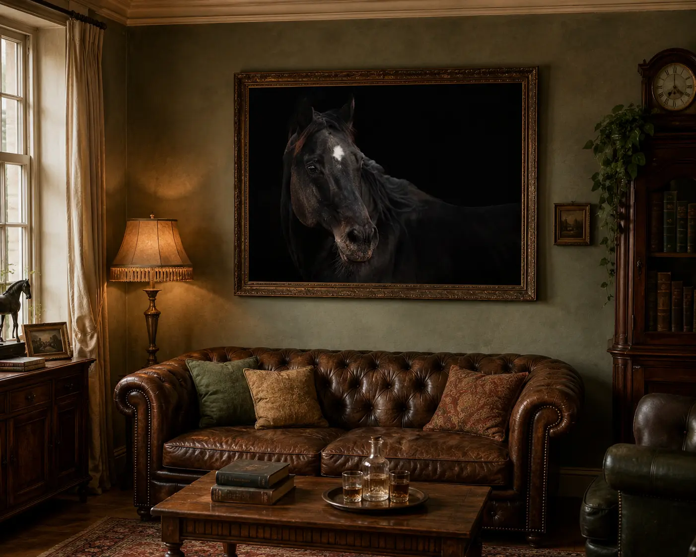 Exklusives Pferdeporträt als Fine Art Wandbild in einem klassischen, edlen Wohnzimmer-Ambiente