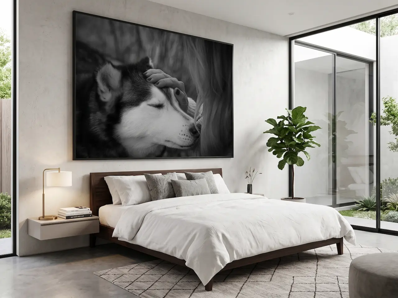 Großformatiges Husky-Portrait als künstlerisches Wandbild in einem modernen, hellen Schlafzimmer-Ambiente